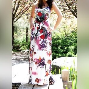 Vintage Y2K Spy Zone Exchange Tattoo Print Slip Maxi Dress Ed Hardy Style